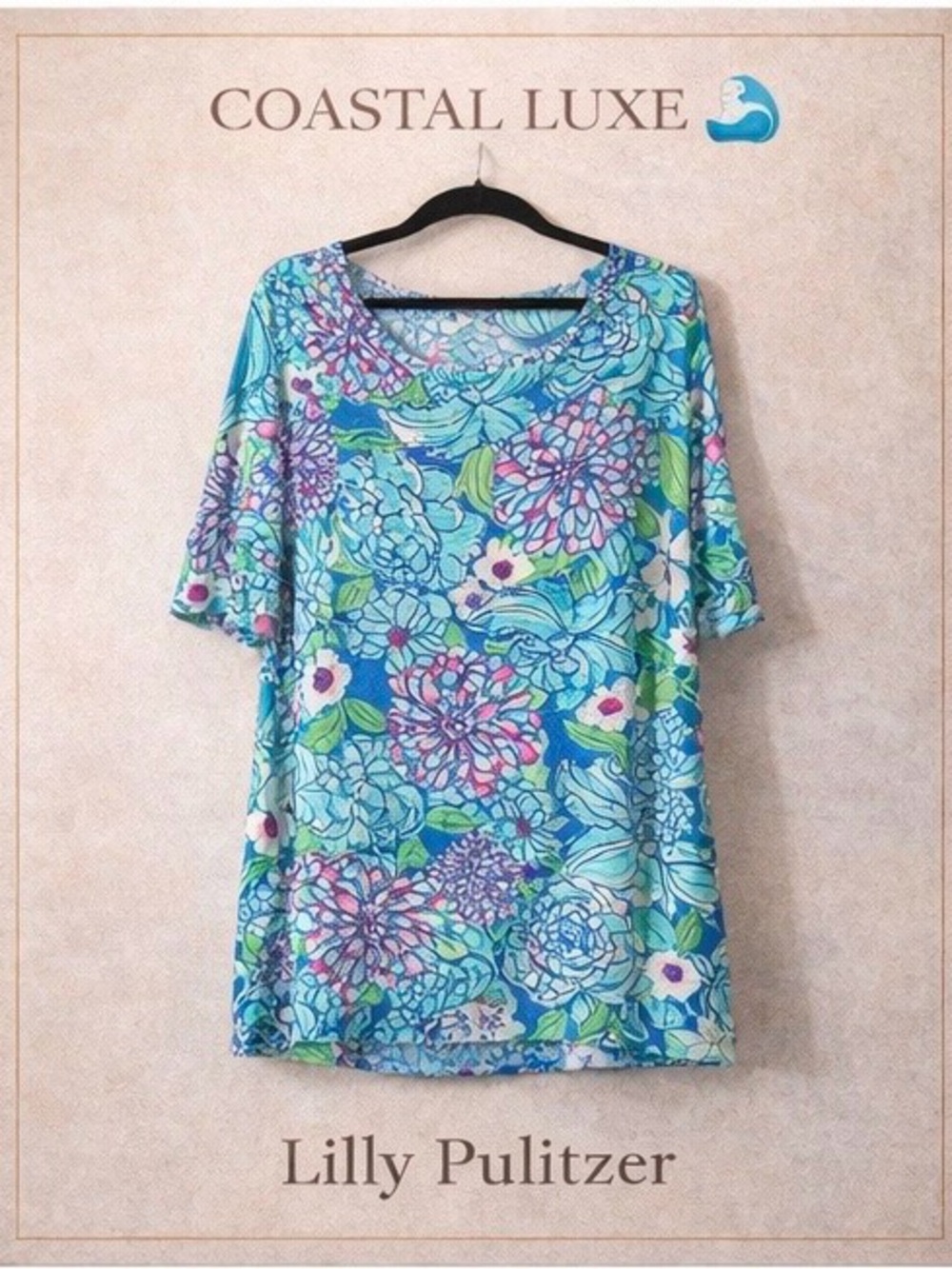 Lilly Pulitzer Blue Pink Tunic Dress | Coastal Luxe Coverup Mini Dress - Picture 3 of 7